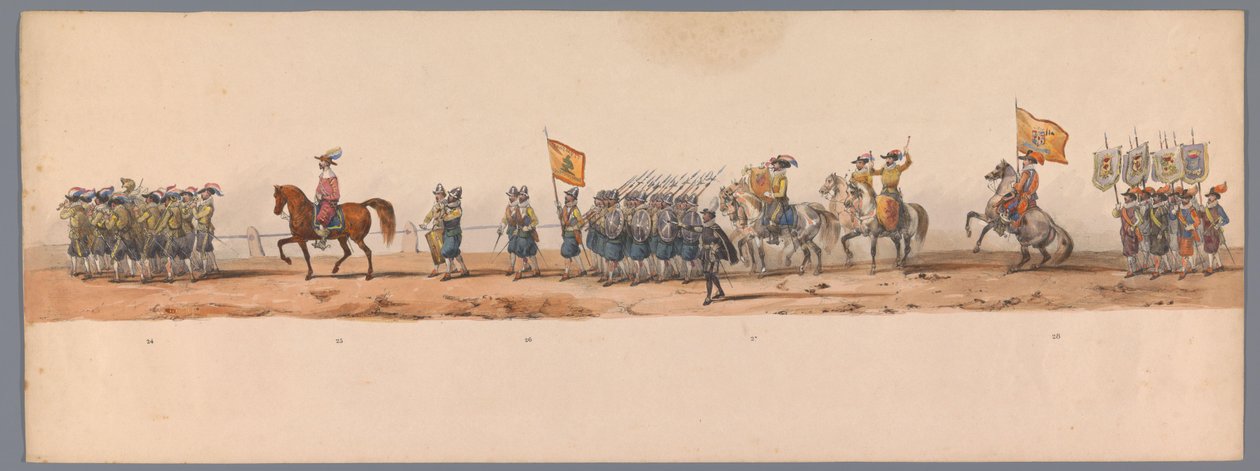Procesja historyczna w stulecie Uniwersytetu Nauk Stosowanych w Utrechcie, 1836 (tablica 7) Podejście wojsk holenderskich do Ostendy, 3 lipca 1600, dzień po zwycięstwie pod Nieuwpoort; zgodnie z kostiumową reprezentacją podaną przez H H Student autorstwa Victor Adam