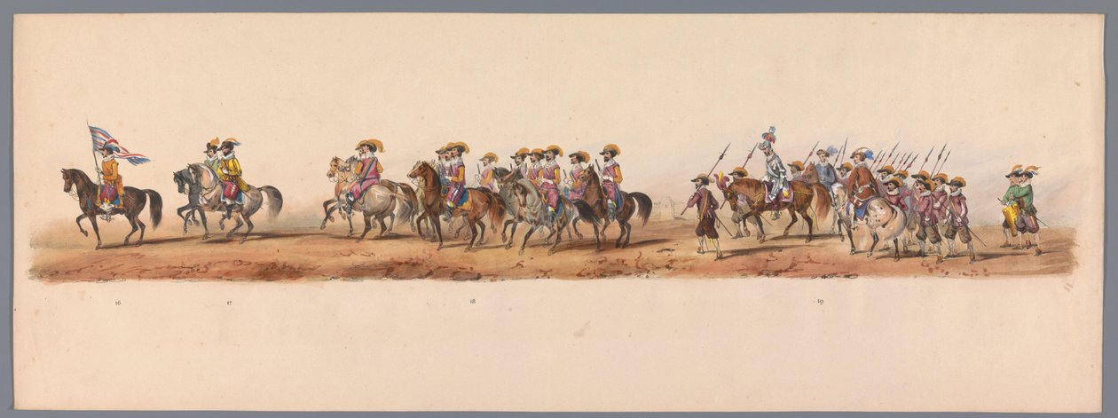 Procesja historyczna w stulecie Uniwersytetu Nauk Stosowanych w Utrechcie, 1836 (tablica 5) Podejście wojsk holenderskich do Ostendy, 3 lipca 1600, dzień po zwycięstwie pod Nieuwpoort; zgodnie z kostiumową reprezentacją podaną przez H H Student autorstwa Victor Adam