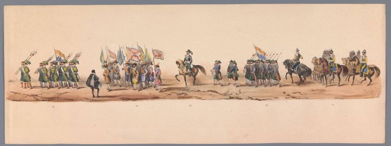 Procesja historyczna w stulecie Uniwersytetu Nauk Stosowanych w Utrechcie, 1836 (tablica 9) Podejście wojsk holenderskich do Ostendy, 3 lipca 1600, dzień po zwycięstwie pod Nieuwpoort; zgodnie z kostiumową reprezentacją podaną przez H H Student autorstwa Victor Adam