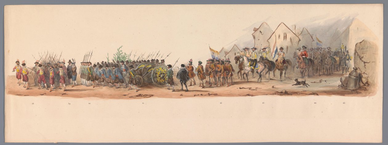Procesja historyczna w stulecie Uniwersytetu Nauk Stosowanych w Utrechcie, 1836 (tablica 10) Podejście wojsk holenderskich do Ostendy, 3 lipca 1600, dzień po zwycięstwie pod Nieuwpoort; zgodnie z kostiumową prezentacją, podaną przez H H Studen autorstwa Victor Adam