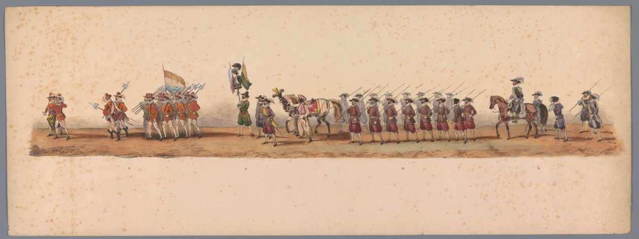 Procesja historyczna w stulecie Uniwersytetu Nauk Stosowanych w Utrechcie, 1836 (tablica 3) Podejście wojsk holenderskich do Ostendy, 3 lipca 1600, dzień po zwycięstwie pod Nieuwpoort; zgodnie z kostiumową reprezentacją podaną przez H H Student autorstwa Victor Adam