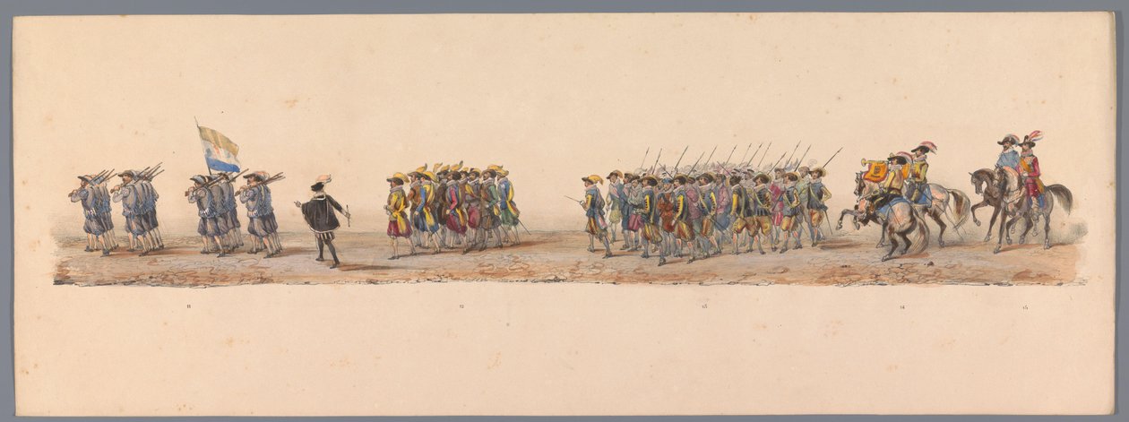 Procesja historyczna w stulecie Uniwersytetu Nauk Stosowanych w Utrechcie, 1836 (tablica 4) Podejście wojsk holenderskich do Ostendy, 3 lipca 1600, dzień po zwycięstwie pod Nieuwpoort; zgodnie z kostiumową reprezentacją podaną przez H H Student autorstwa Victor Adam