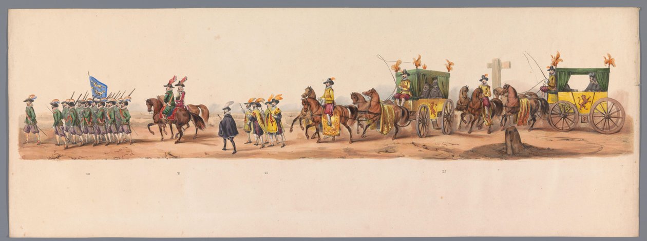 Procesja historyczna w stulecie Uniwersytetu Nauk Stosowanych w Utrechcie, 1836 (tablica 6) Podejście wojsk holenderskich do Ostendy, 3 lipca 1600, dzień po zwycięstwie pod Nieuwpoort; zgodnie z kostiumową reprezentacją podaną przez H H Student autorstwa Victor Adam