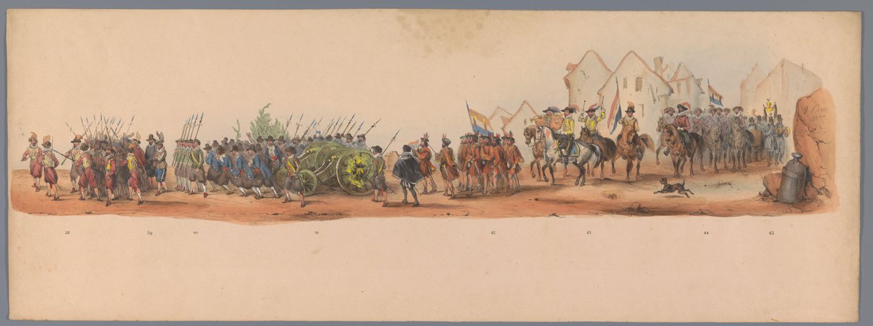 Procesja historyczna w stulecie Uniwersytetu Nauk Stosowanych w Utrechcie, 1836 (tablica 10) Podejście wojsk holenderskich do Ostendy, 3 lipca 1600, dzień po zwycięstwie pod Nieuwpoort; zgodnie z kostiumową prezentacją, podaną przez H H Studen autorstwa Victor Adam