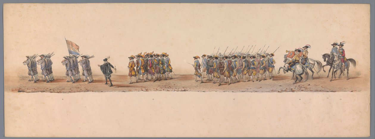 Procesja historyczna w stulecie Uniwersytetu Nauk Stosowanych w Utrechcie, 1836 (tablica 4) Podejście wojsk holenderskich do Ostendy, 3 lipca 1600, dzień po zwycięstwie pod Nieuwpoort; zgodnie z kostiumową reprezentacją podaną przez H H Student autorstwa Victor Adam