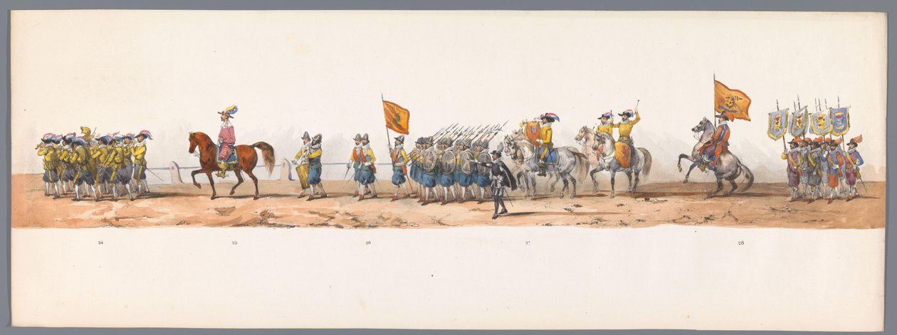 Procesja historyczna w stulecie Uniwersytetu Nauk Stosowanych w Utrechcie, 1836 (tablica 7) Podejście wojsk holenderskich do Ostendy, 3 lipca 1600, dzień po zwycięstwie pod Nieuwpoort; zgodnie z kostiumową reprezentacją podaną przez H H Student autorstwa Victor Adam