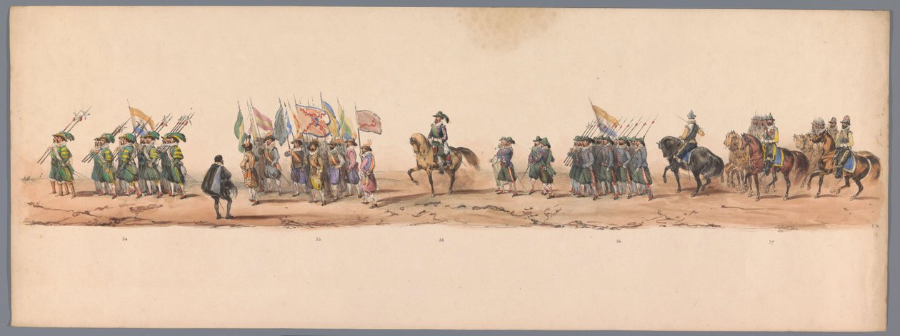 Procesja historyczna w stulecie Uniwersytetu Nauk Stosowanych w Utrechcie, 1836 (tablica 9) Podejście wojsk holenderskich do Ostendy, 3 lipca 1600, dzień po zwycięstwie pod Nieuwpoort; zgodnie z kostiumową reprezentacją podaną przez H H Student autorstwa Victor Adam