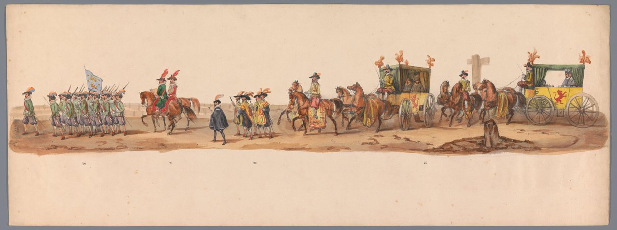 Procesja historyczna w stulecie Uniwersytetu Nauk Stosowanych w Utrechcie, 1836 (tablica 6) Podejście wojsk holenderskich do Ostendy, 3 lipca 1600, dzień po zwycięstwie pod Nieuwpoort; zgodnie z kostiumową reprezentacją podaną przez H H Student autorstwa Victor Adam