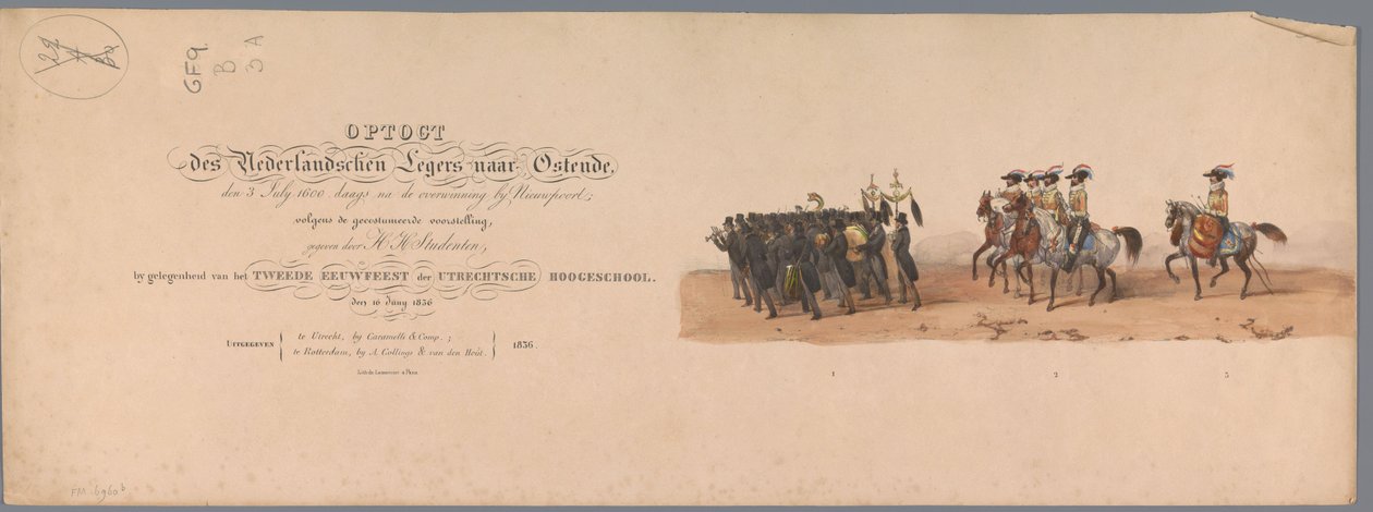 Procesja historyczna w stulecie Uniwersytetu Nauk Stosowanych w Utrechcie, 1836 (druk tytułowy) Podejście wojsk holenderskich do Ostendy, 3 lipca 1600, dzień po zwycięstwie pod Nieuwpoort; według kostiumu podanego przez H H Stud autorstwa Victor Adam
