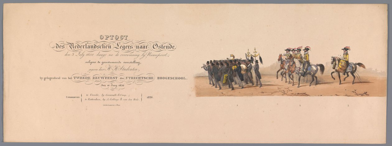 Procesja historyczna w stulecie Uniwersytetu Nauk Stosowanych w Utrechcie, 1836 (druk tytułowy) Podejście wojsk holenderskich do Ostendy, 3 lipca 1600, dzień po zwycięstwie pod Nieuwpoort; według kostiumu podanego przez H H Stud autorstwa Victor Adam