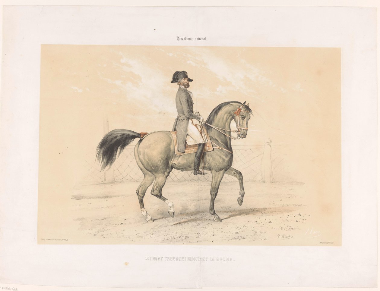Laurent Franconi na swojej klaczy Norma Laurent Franconi Montant la Norma. (tytuł na obiekcie) Konie i jeźdźcy na torze wyścigowym (tytuł serii) Hippodrôme national (tytuł serii na obiekcie) autorstwa Victor Adam