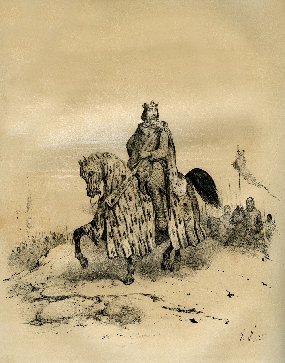 Filip 6 z Valois (1293-1350), król Francji w latach 1328-1350, pierwszy król z dynastii Valois, jadący na czele swoich wojsk, gdy przejął władzę w 1328 r., pomimo pretensji Edwarda 3 z Anglii. Kłótnia ta zapoczątkowała wojnę stuletnią. Filip autorstwa Victor Adam