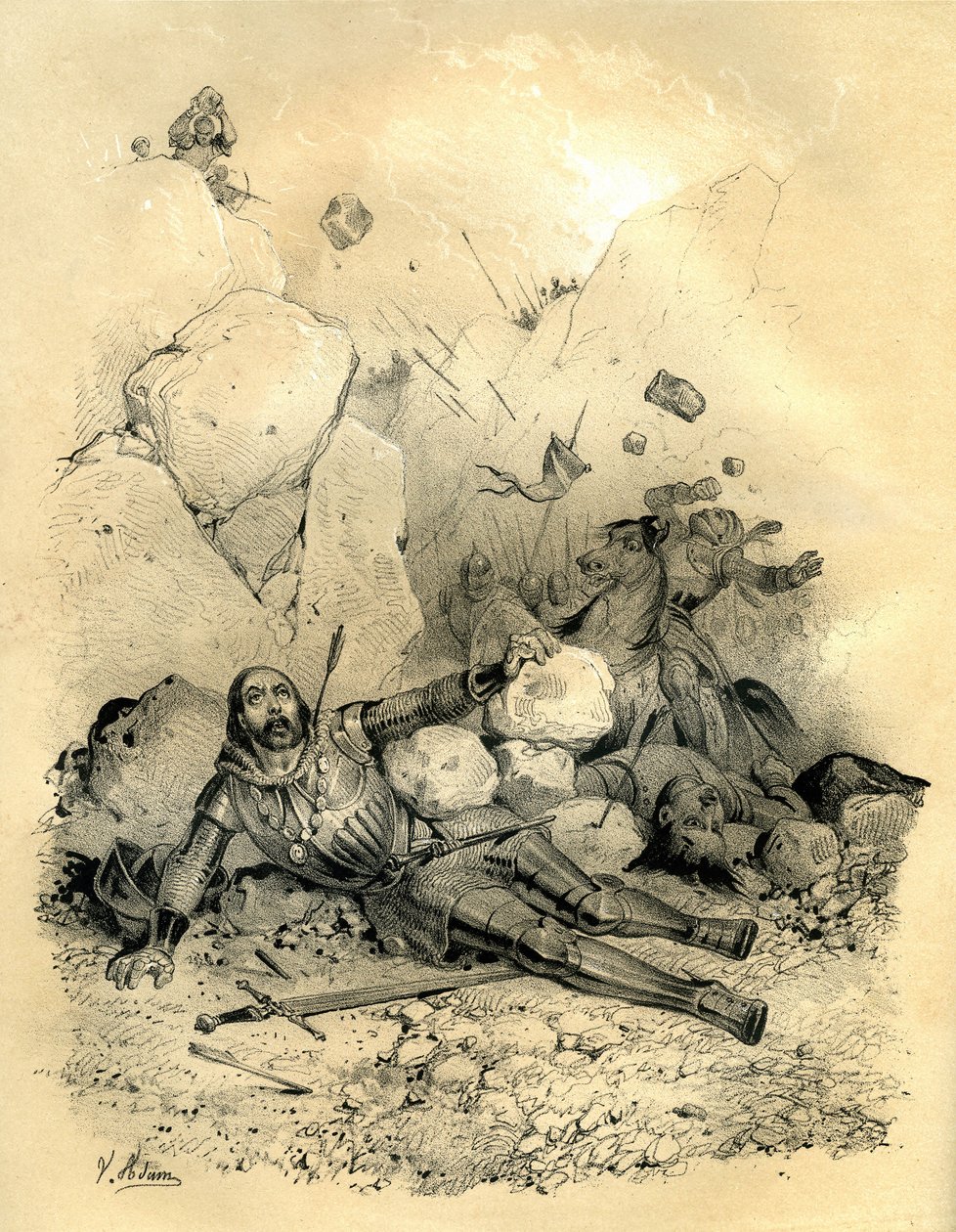 Roland, hrabia marchii Bretanii, zginął z rąk oddziału Vascons (Basków) w 778 r. w dolinie Ronceveaux (Pireneje). Rycina autorstwa Victora Adama (1801-1866) w książce "Francja w średniowieczu" wydanej przez braci Ardant w połowie XIX wieku. autorstwa Victor Adam