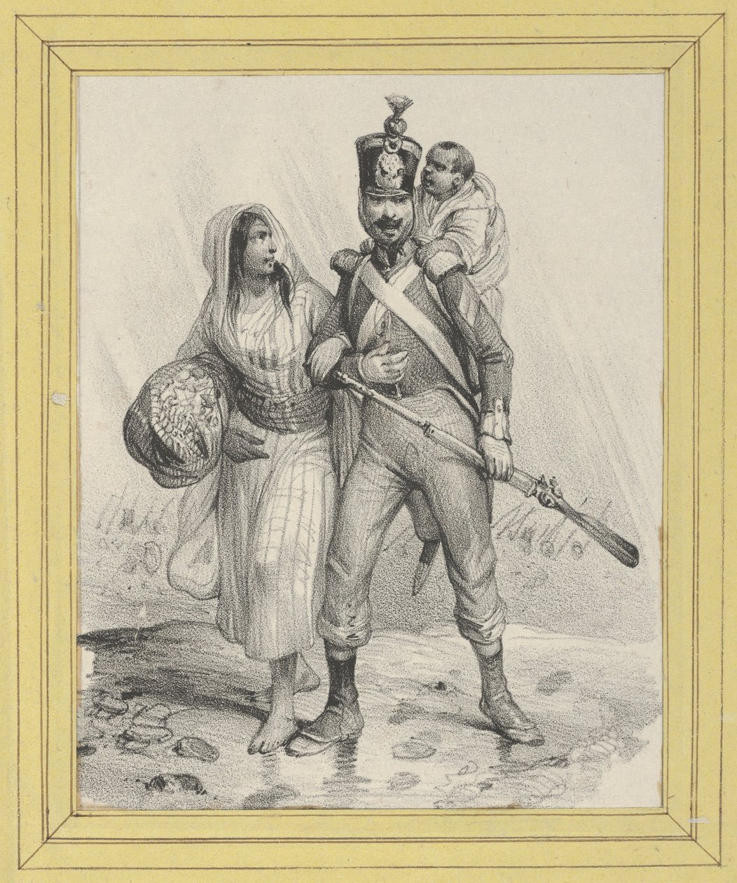 Soldat mit einer Frau am Arm und einem Kind auf dem Rücken autorstwa Victor Adam