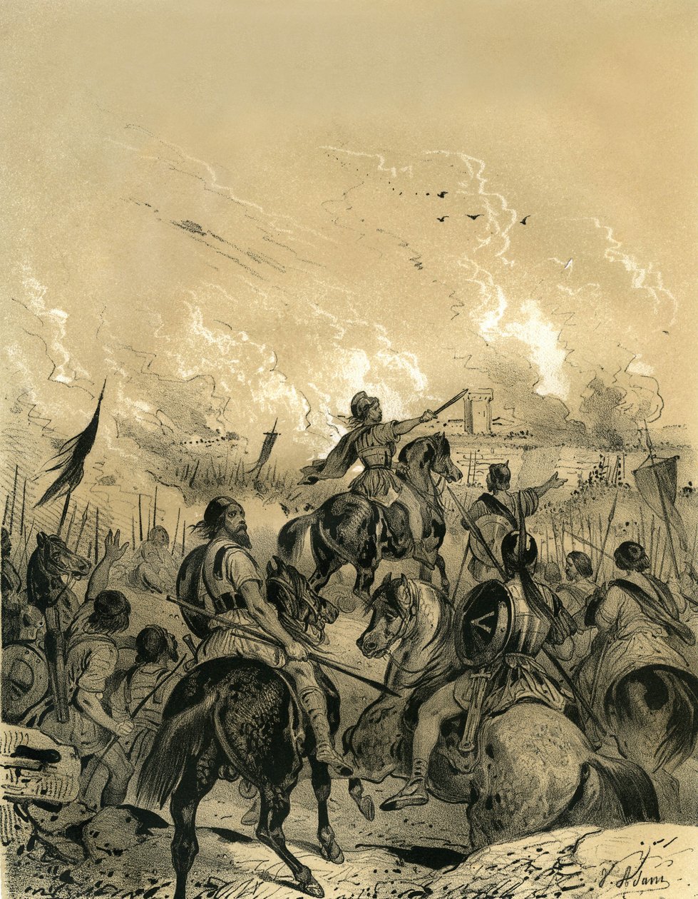 Galowie zdobyli Rzym po bitwie pod Allia w 390 roku. Rycina autorstwa Victora Adama (1801-1866) w książce "Francja w średniowieczu" opublikowanej przez braci Ardant w połowie XIX wieku. autorstwa Victor Adam