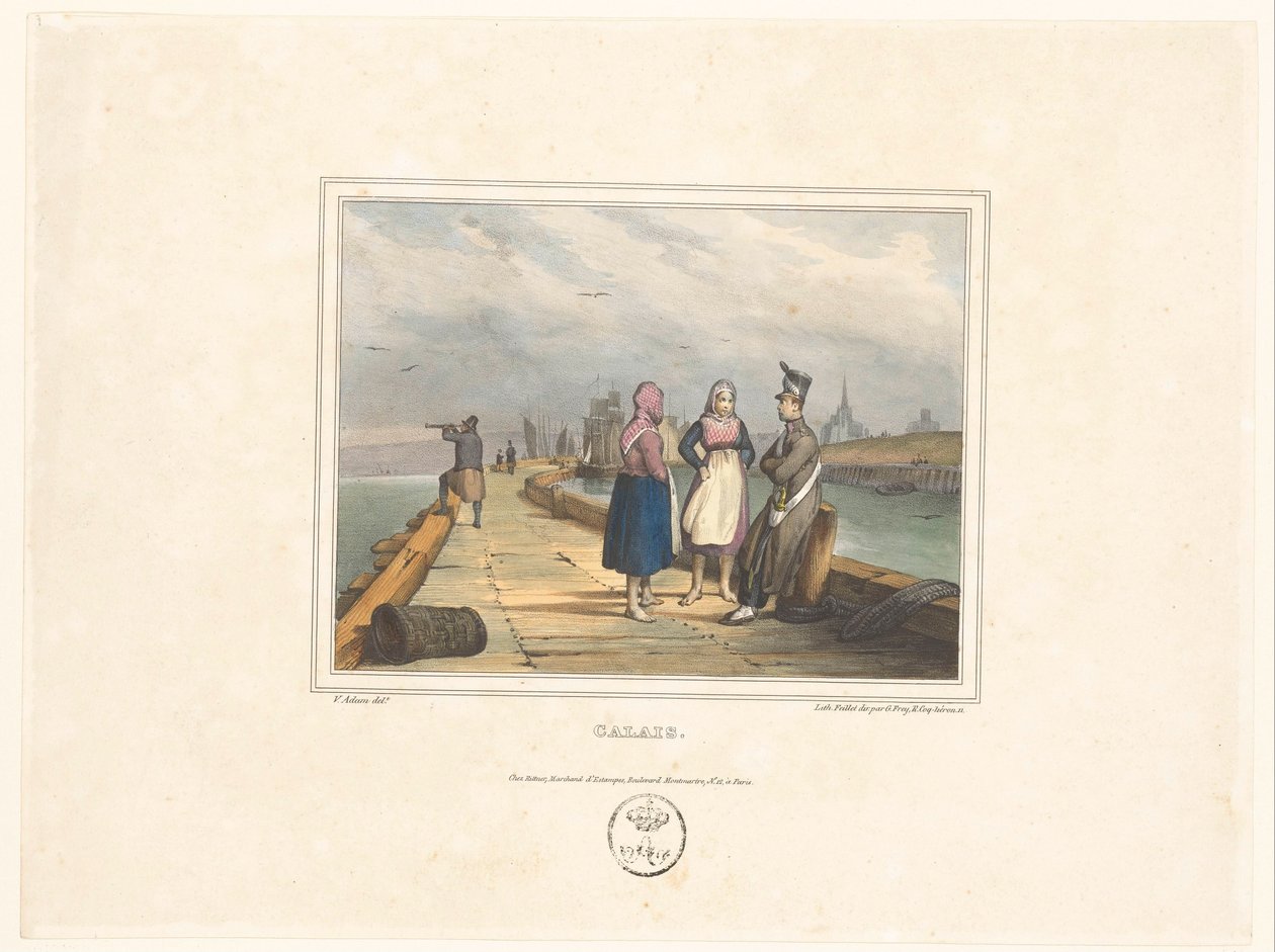 Dwie dziewczyny i żołnierz na lądowisku w Calais Calais (tytuł na obiekcie) Stroje mieszkańców miast portowych (tytuł serii) Costumes de marins, projekty dans les ports (tytuł serii) autorstwa Victor Adam