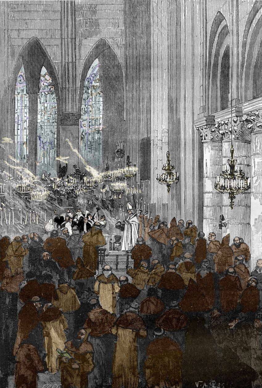 Sprawa opętanych z Loudun (Demony z Loudun) ok. 1630: opętane zakonnice w kościele św. Krzyża w Loudun podczas egzorcyzmów po wydarzeniach z autorstwa Victor Armand Poirson