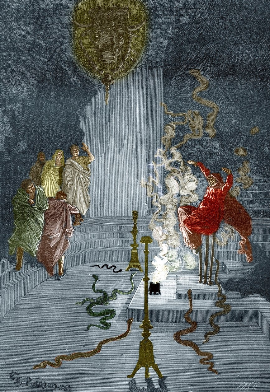 Starożytna Grecja: „Przedstawienie Pytii, kapłanki w świątyni Apolla w starożytnej Grecji” Rycina z „Tajemnic nauki” Louisa Figuiera, zbiory prywatne autorstwa Victor Armand Poirson