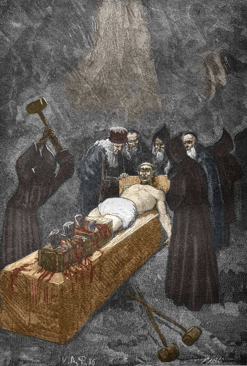 Sprawa opętanych z Loudun (demonów de Loudun) około 1630: polowanie na czarownice, francuski ksiądz Urbain Grandier (1590-1634), który rzekomo zawarł pakt z diabłem i oskarża o omamianie zakonnic, jest torturą do haftu - (Urbain Grandier, francuski autorstwa Victor Armand Poirson