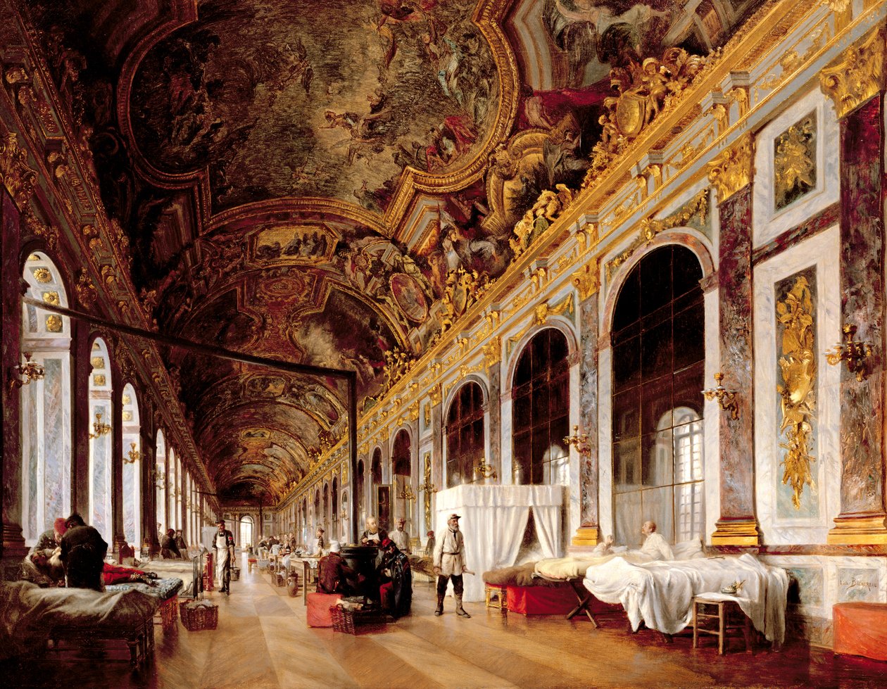 Sala Lustrzana w Wersalu wykorzystywana jako Szpital Wojskowy dla opiekowania się rannymi Prusami w 1871 r. autorstwa Victor Buchereau