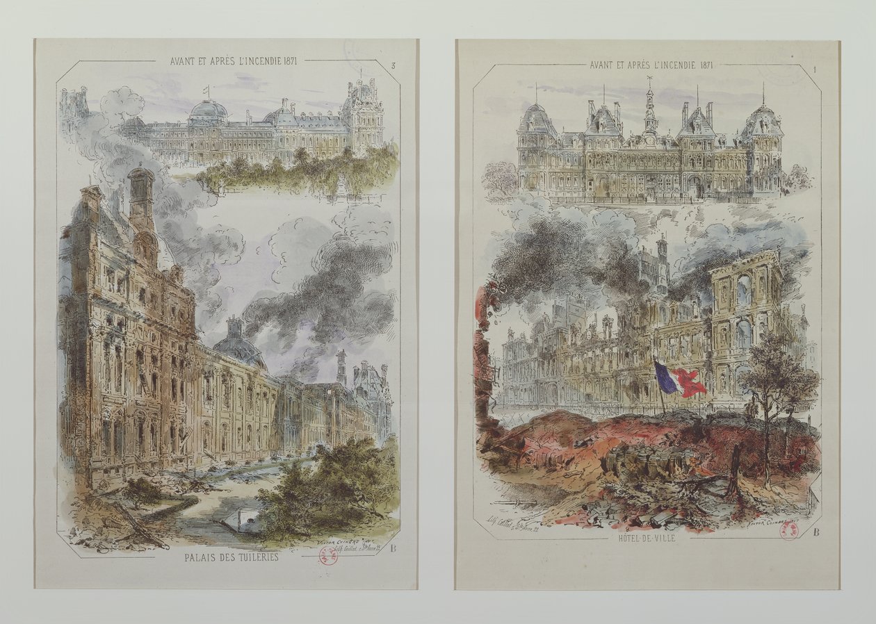 Widoki na Pałac Tuileries i Hotel de Ville przed i po pożarach w 1871 r. autorstwa Victor Coindre