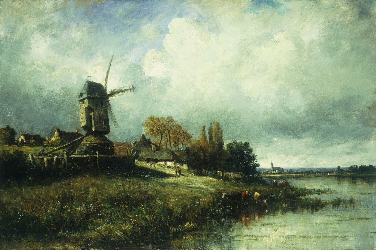 Krajobraz rzeczny z wiatrakiem, 1870 autorstwa Leon Victor Dupre