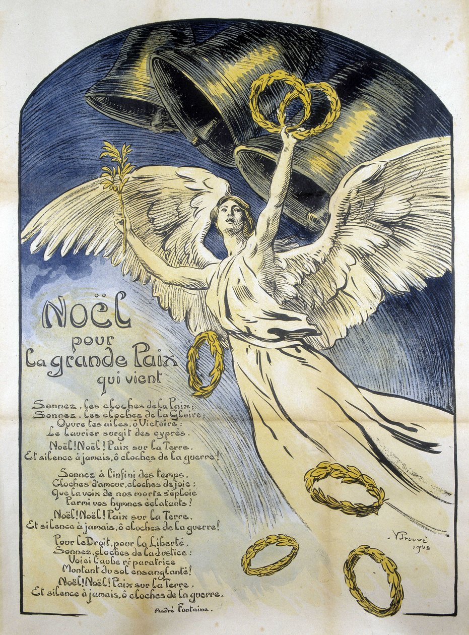 Alegoryczna figura Pokoju - Wiersz „Boże Narodzenie dla wielkiego pokoju, który nadchodzi” André Fontaine, il. przez V. Prouvé autorstwa Victor Emile Prouve