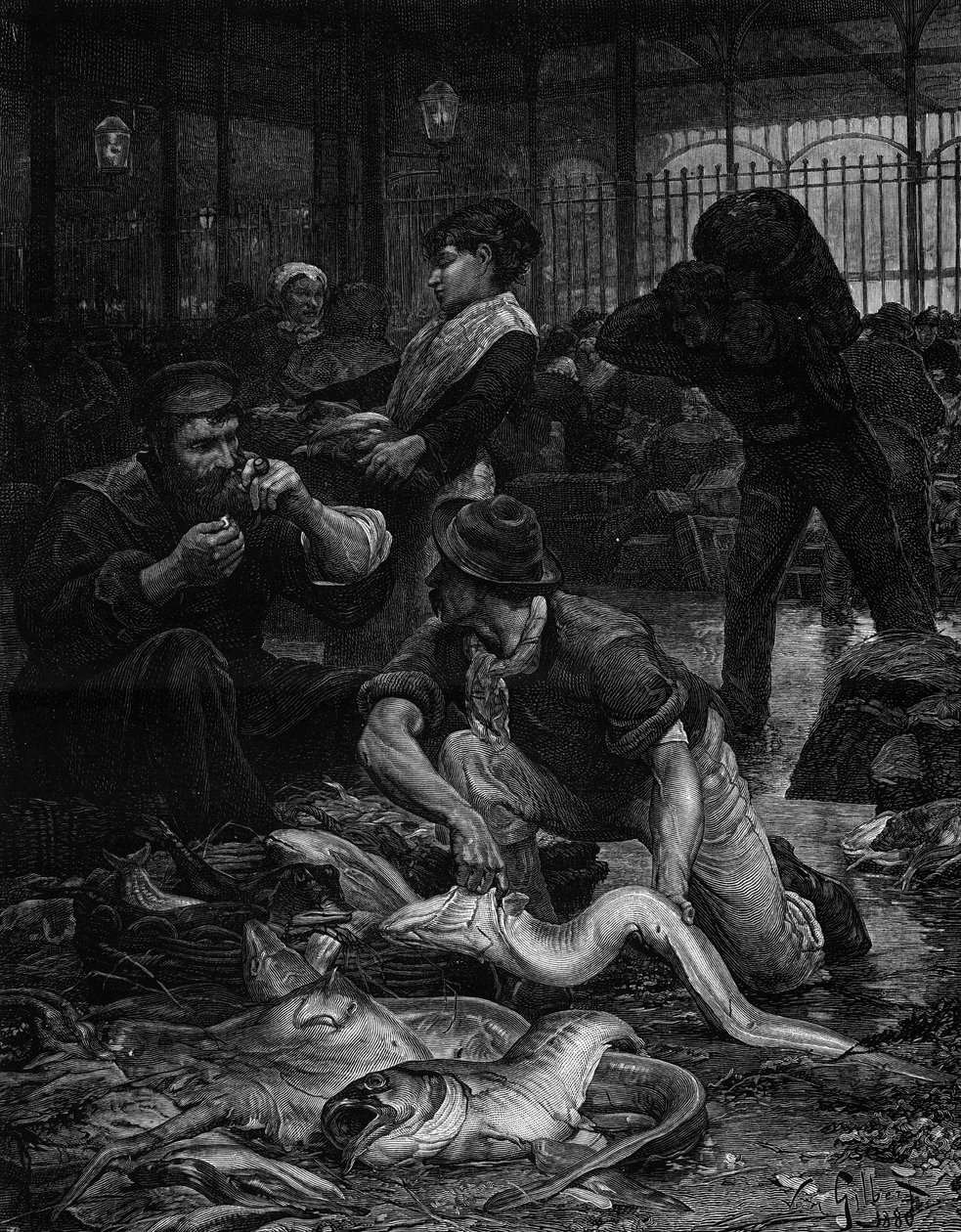 Róg Sali Rybnej rano (1880). Grawerowanie według obrazu Victora Gabriela Gilberta (1847-1933). W „”The Illustrous World”” nr 1244 z 29 stycznia autorstwa Victor Gabriel Gilbert