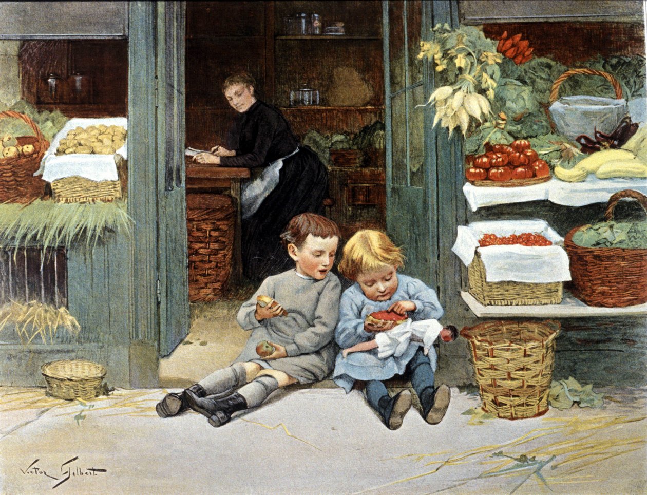 Dwoje dzieci je jabłko i truskawki. Rysunek autorstwa Victor Gabriel Gilbert