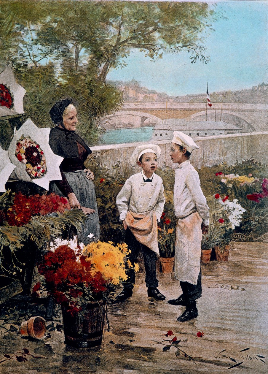 Przyjęcie patrona Uczniowie kwiaciarni i kwiaciarnia na dokach. Grawerowanie według Obrazu Victora Gabriela Gilberta (1847-1933) XIX wiek. Paryż, sztuka dekoracyjna autorstwa Victor Gabriel Gilbert