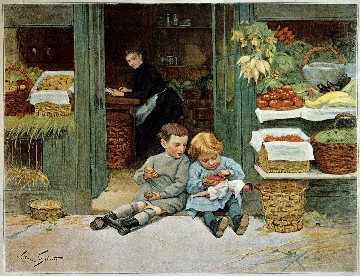 Zwiedź go. Dziecko je tosty przed sklepem spożywczym matki. Mała dziewczynka ma na kolanach lalkę. Obraz Victora Gilberta (1847-1935). Paryż, Sztuka Dekoracyjna autorstwa Victor Gabriel Gilbert