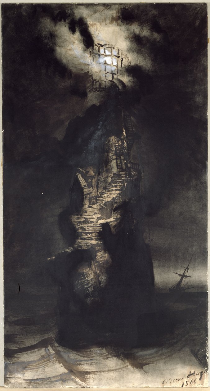Latarnia morska Casquets, 1866 (pióro i tusz do prania na papierze) autorstwa Victor Hugo