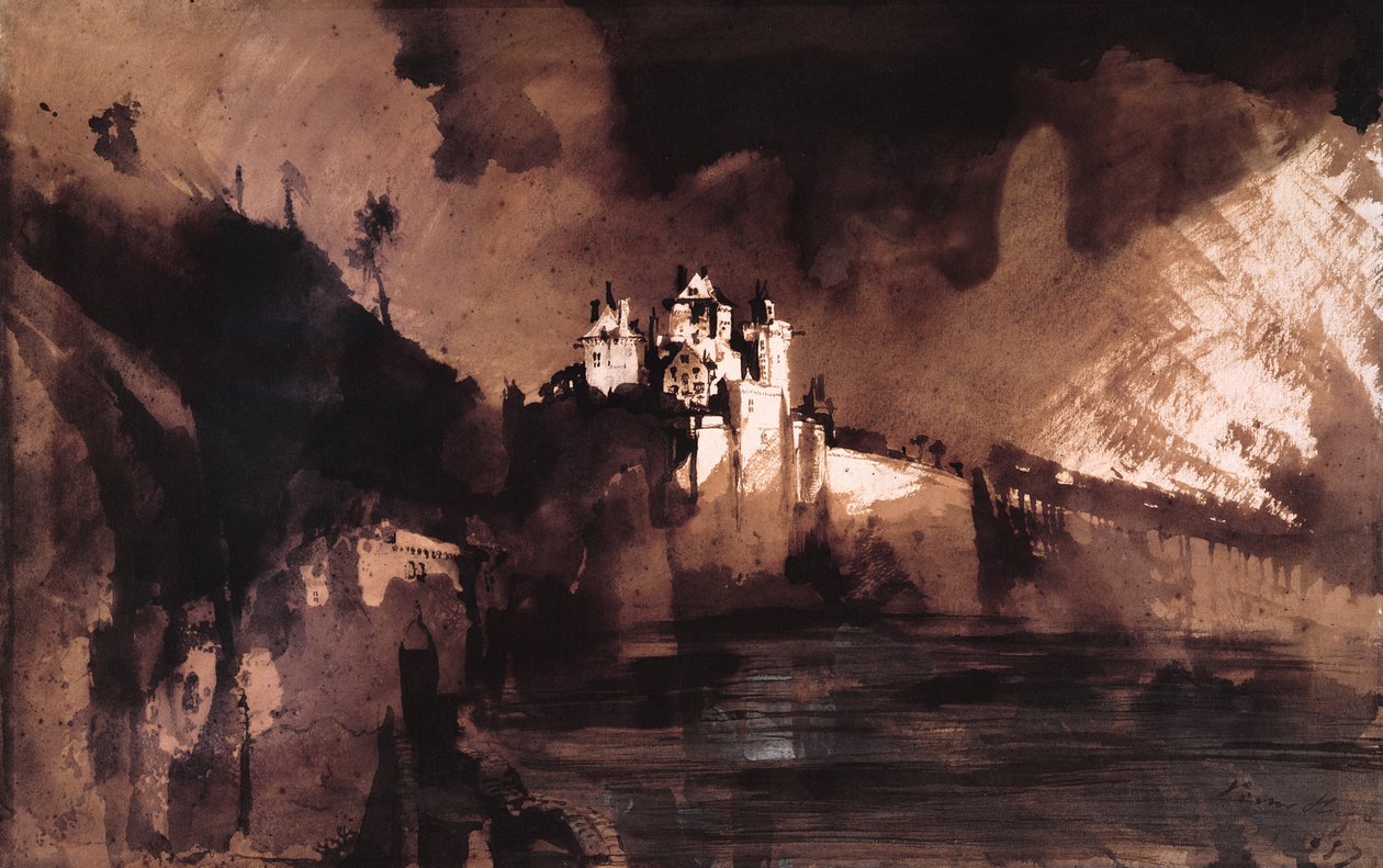 Zamek (pióro, atrament, pranie i gwasz na papierze) autorstwa Victor Hugo