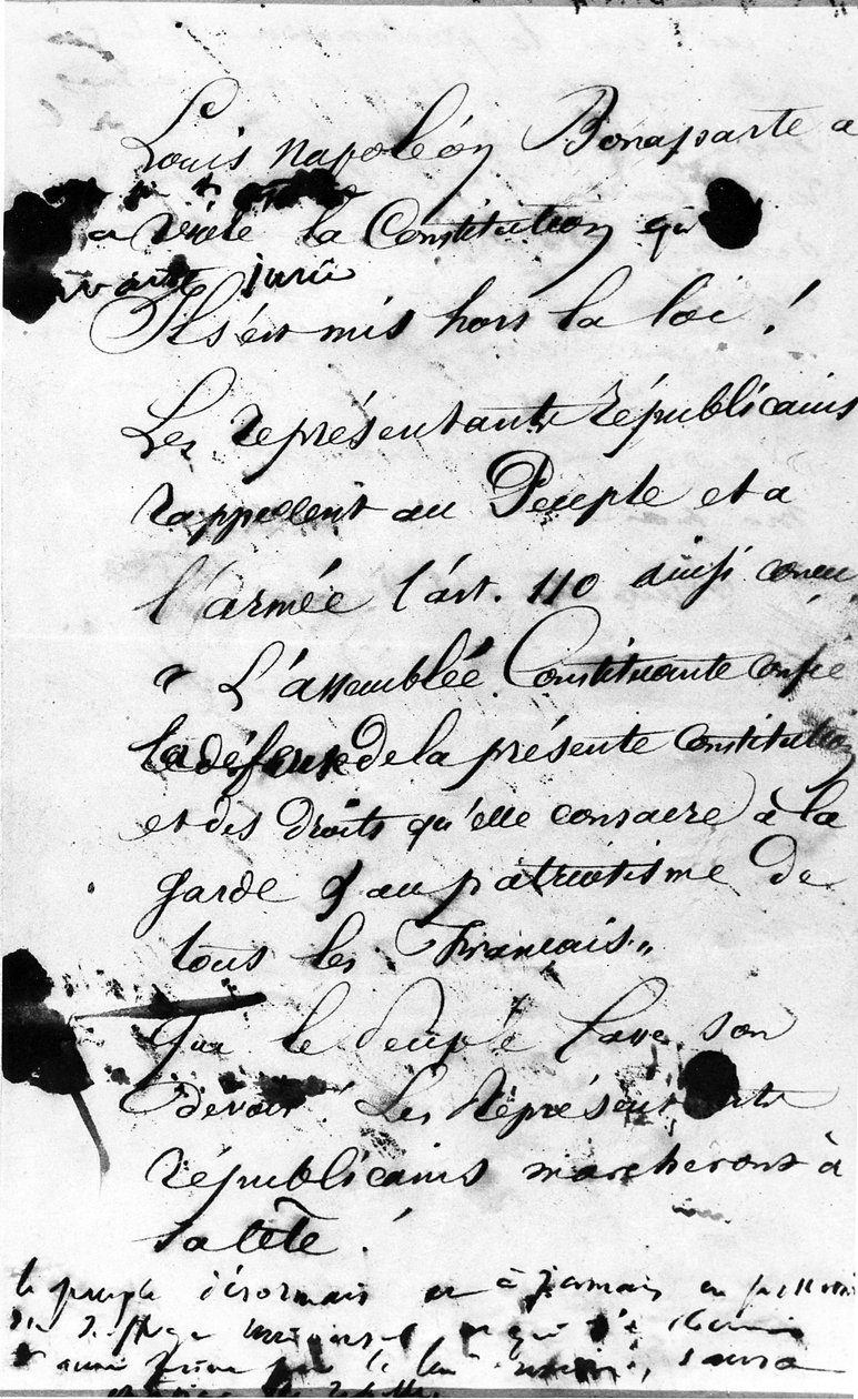 Pierwsza strona Manifestu wzywającego ludność Paryża do odrzucenia pogwałcenia francuskiej konstytucji przez Ludwika Napoleona Bonaparte,1851 (pióro i atrament na papierze) autorstwa Victor Hugo