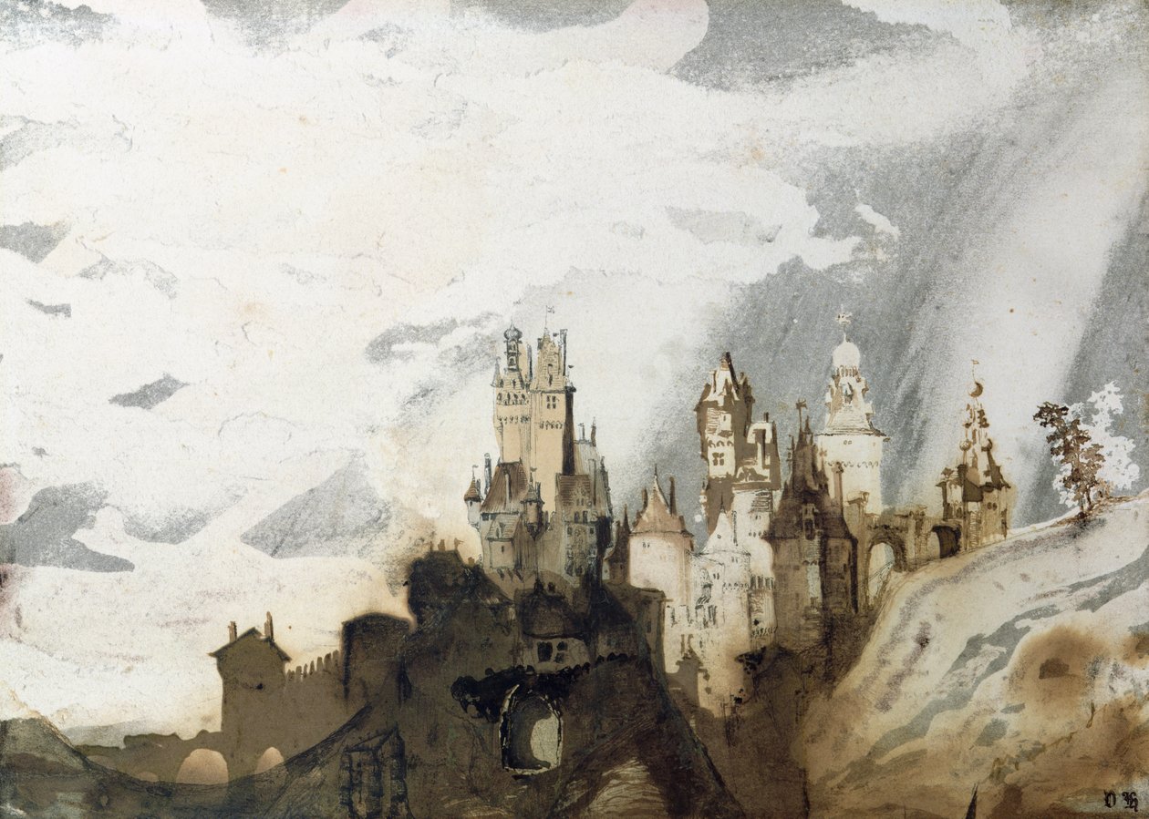 Le Gai Chateau (pióro i atrament, pranie i toaleta na papierze) autorstwa Victor Hugo