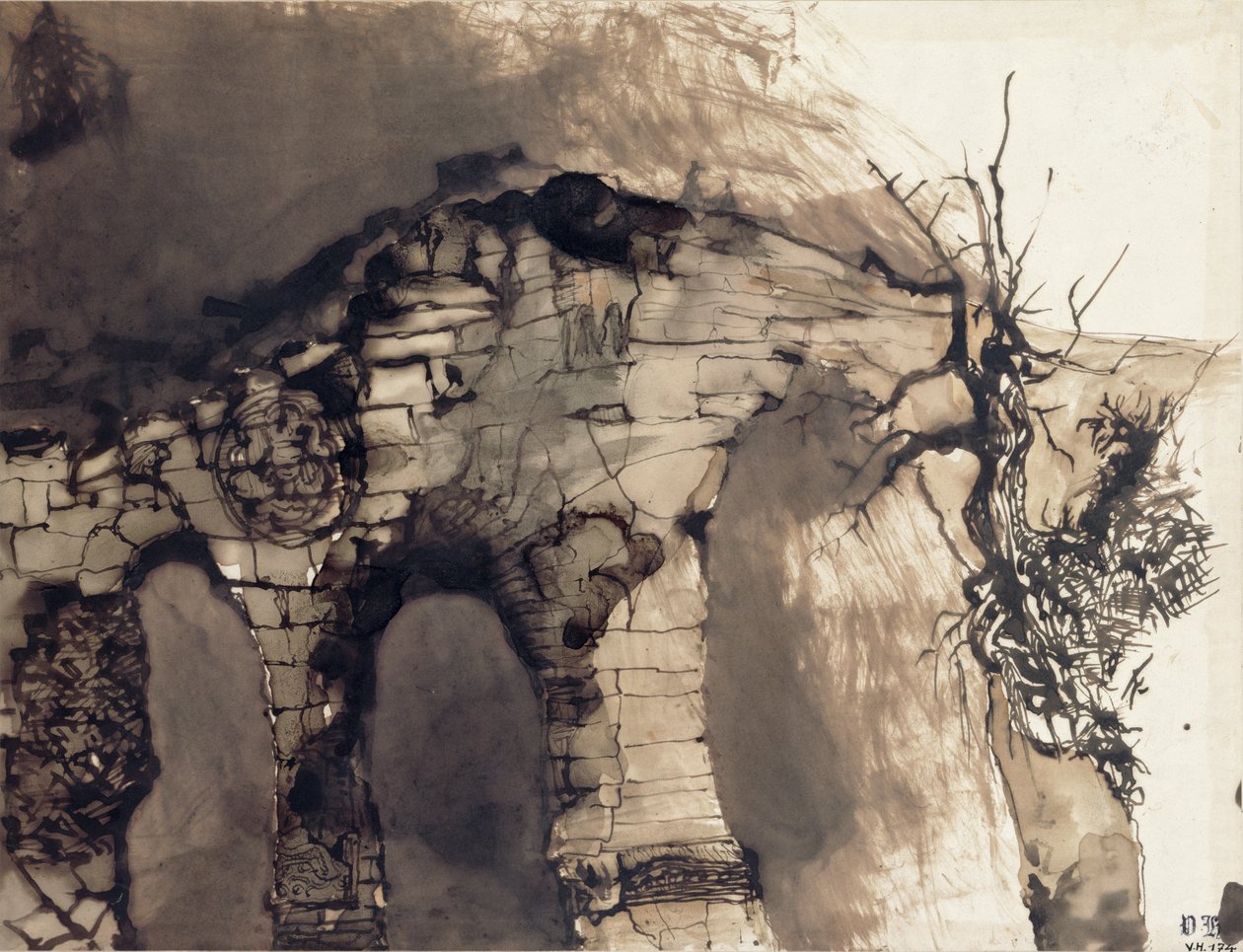 Old Bridge (pióro i tusz do prania na papierze) autorstwa Victor Hugo