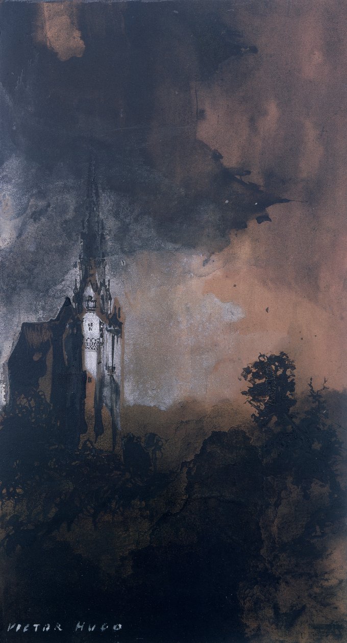 Zamek w blasku księżyca (pióro i tusz, sepia i gwasz na papierze) autorstwa Victor Hugo