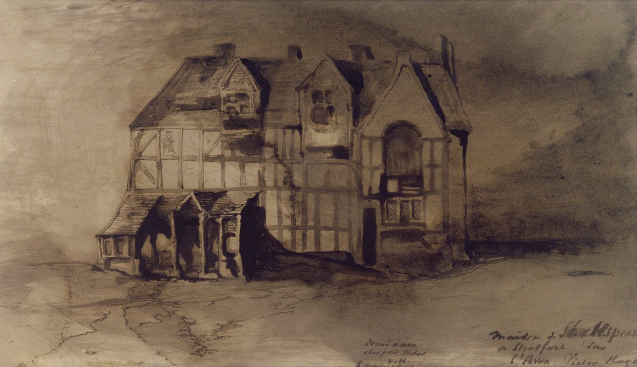 Dom Williama Szekspira (1564-1616) w Stratford-upon-Avon (pióro i atrament i pranie na papierze) autorstwa Victor Hugo
