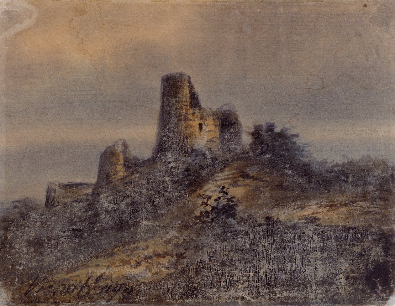 Widok ruin zamku Arques la Bataille (Arques-la-Bataille) Rysunek Victora Hugo (1802-1885) XIX w. Wymiary 17,4x22 cm Marsylia, Zamek Borely, Muzeum Sztuki Zdobniczej, Fajansu i Mody autorstwa Victor Hugo