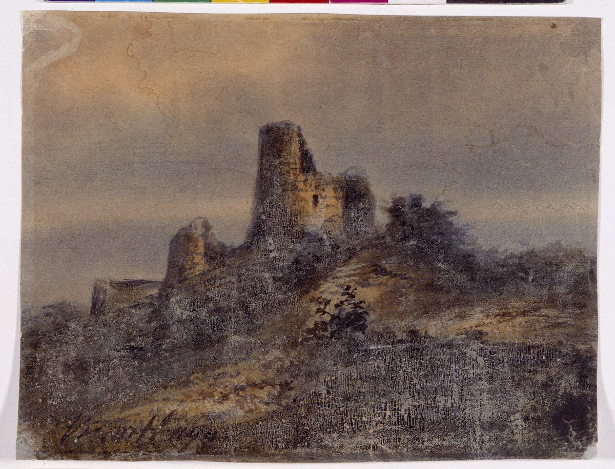 Widok ruin zamku Arques la Bataille (Arques-la-Bataille) Rysunek Victora Hugo (1802-1885) XIX w. Wymiary 17,4x22 cm Marsylia, Zamek Borely, Muzeum Sztuki Zdobniczej, Fajansu i Mody autorstwa Victor Hugo