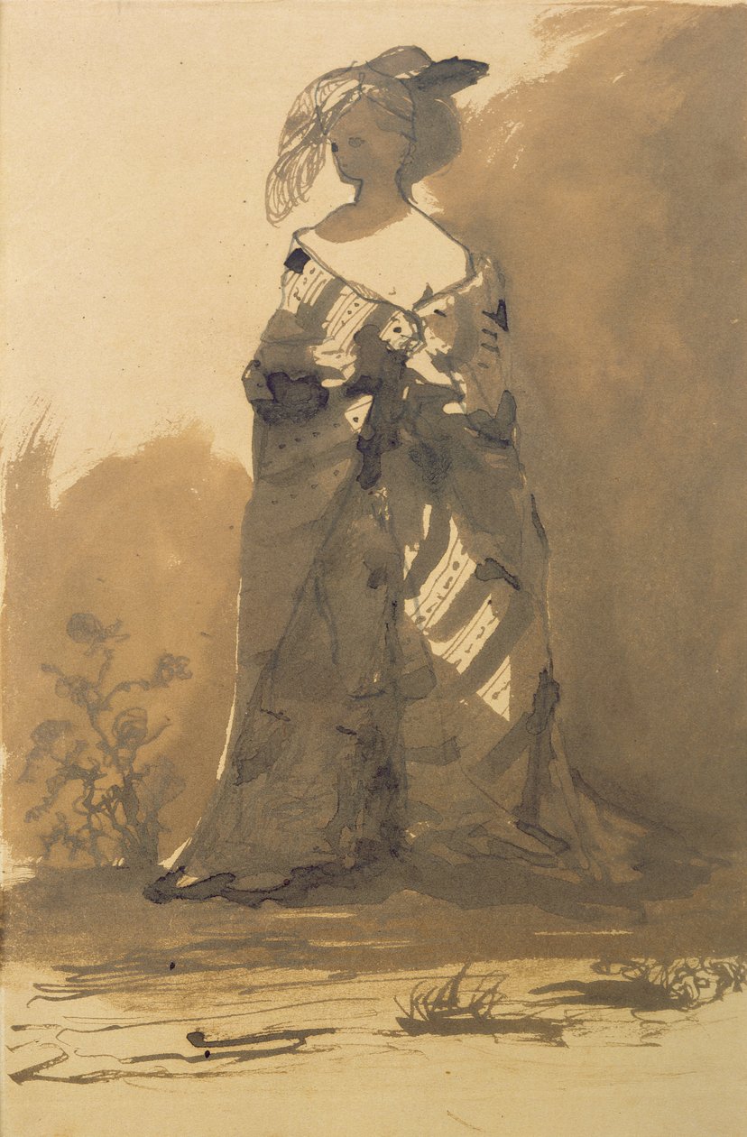 Kobieta ubrana w płaszcz i kapelusz z piórami (pióro, atrament i pranie na papierze) autorstwa Victor Hugo