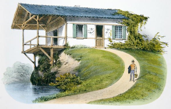 Dom gajowego, ilustracja z „Habitations Champetres” wydanej w Paryżu, ok. 1895 (chromolitho) autorstwa Victor Jean Baptiste (after) Petit