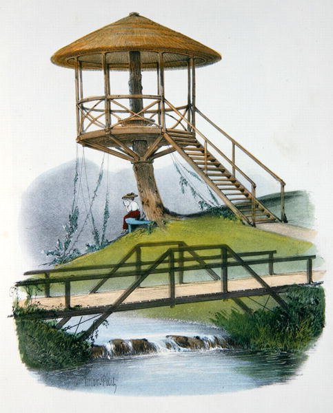 Chata i rustykalny most w Parc de la Motte, Burgundia, ilustracja z „Habitations Champetres” wydanej w Paryżu, ok. 1895 (chromolitho) autorstwa Victor Jean Baptiste (after) Petit