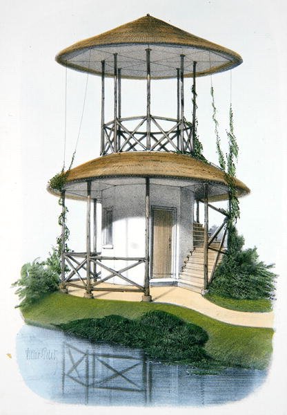 Rustykalny pawilon z belwederem, ilustracja z „Habitations Champetres” wydanej w Paryżu, ok. 1895 (chromolitho) autorstwa Victor Jean Baptiste (after) Petit