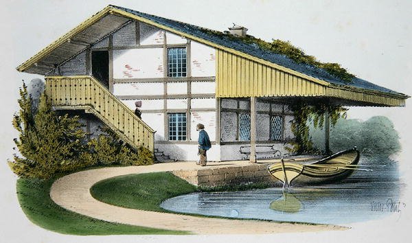 Chata szklarza, ilustracja z „Habitations Champetres” wydanej w Paryżu, ok. 1895 (chromolitho) autorstwa Victor Jean Baptiste (after) Petit