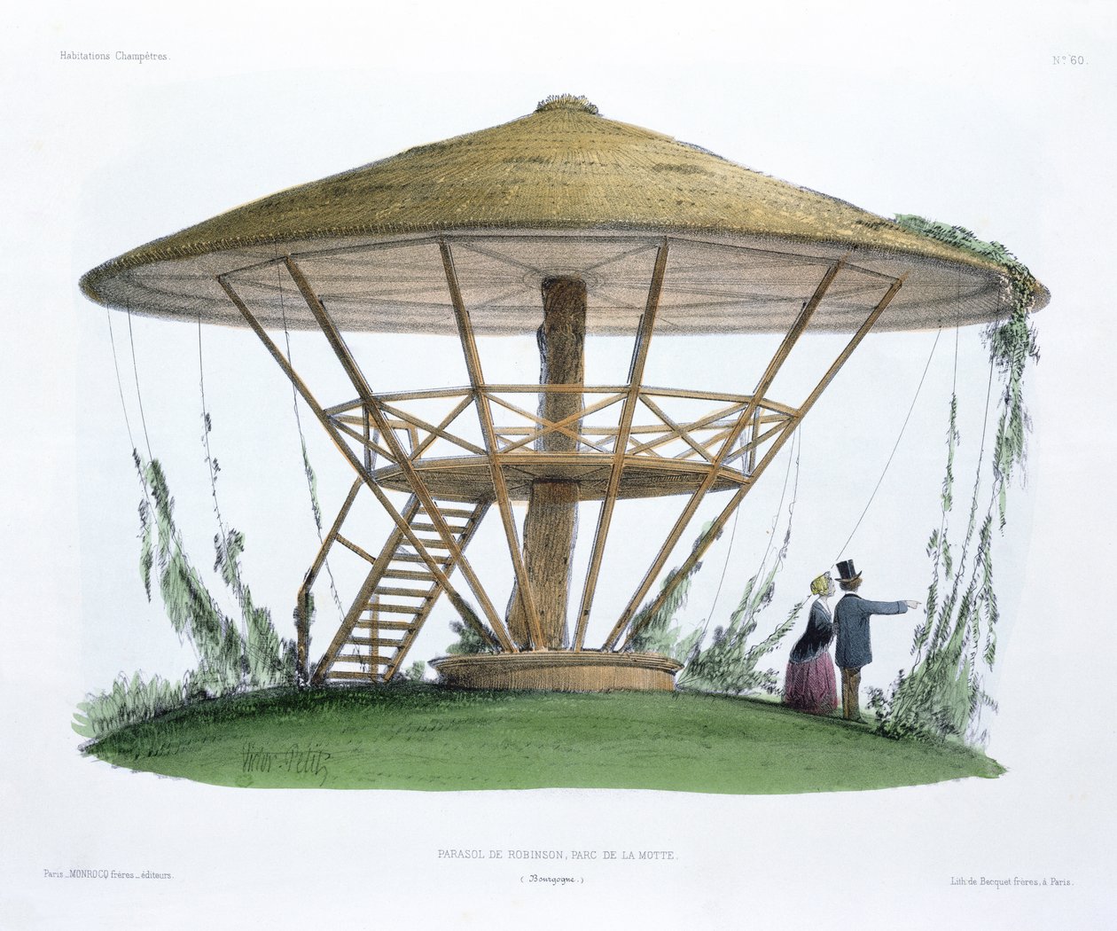 Parasol Robinsona, Parc de la Motte, Burgundia, z „Habitations Champetres”, rytowany przez braci Becquet, ok. 1855 autorstwa Victor Jean Baptiste Petit
