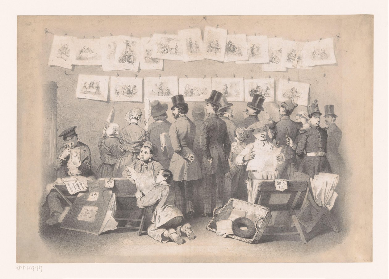 Titelprent met interieur van een prentenwinkel Muzeum Śmiechu (tytuł serii) Wyświetlacz (tytuł serii) autorstwa Victor Jean François Dollet