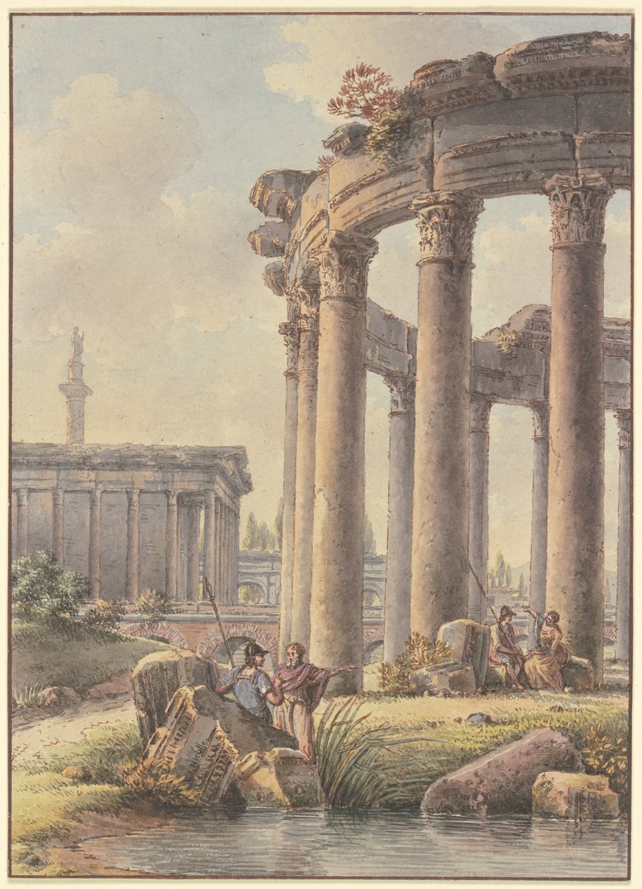 Capriccio architektoniczne: ruiny okrągłej świątyni, w tle Kolumna Trajana autorstwa Victor Jean Nicolle