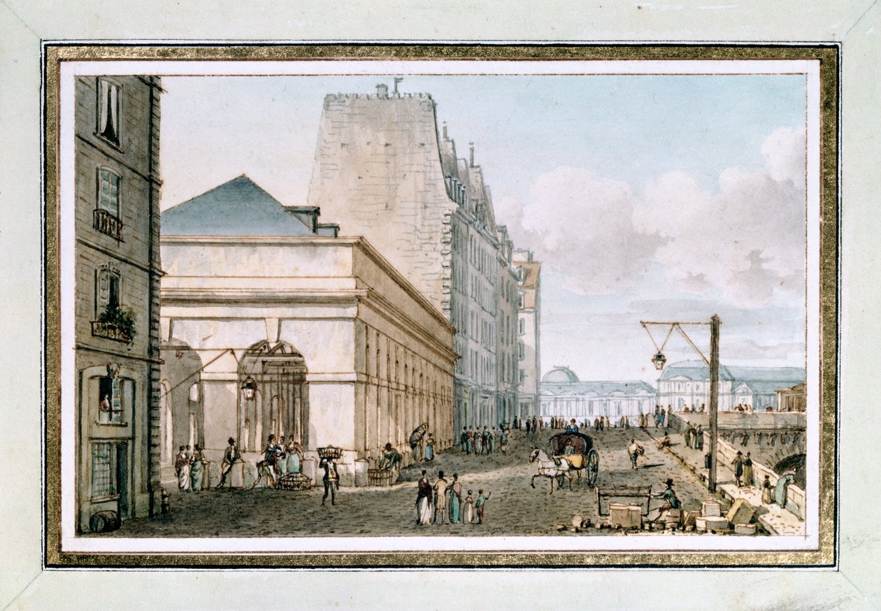 Widok na nowy Targ Drobiarski, znajdujący się na Quai des Augustins w pobliżu Pont-Neuf, Paryż, ok. godz. 1810 (akwarela) autorstwa Victor Jean Nicolle