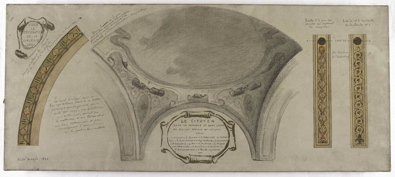 Szkic dla Galerie Lobau, Hôtel de Ville, Paryż: Ozdobny projekt kopuły autorstwa Victor Jean Pierre Maziès